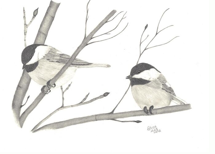 Chickadees Greeting Card featuring the drawing Feathered Friends by Patricia Hiltz