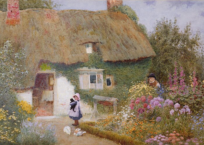 Thatch Greeting Card featuring the painting Feeding the Pigeons by Arthur Claude Strachan