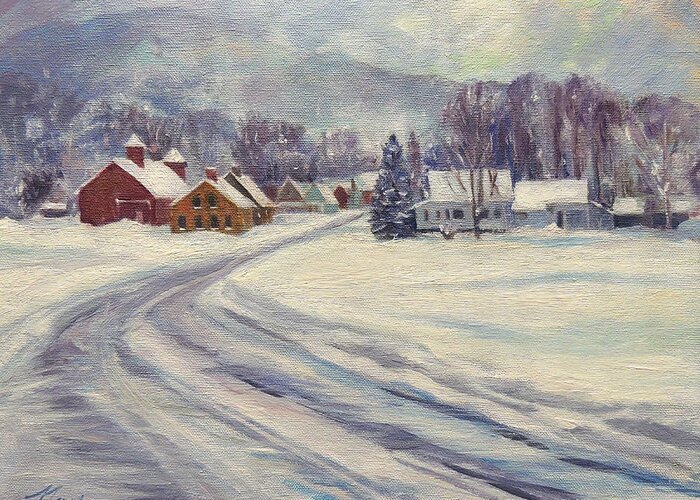 Vermont Greeting Card featuring the painting Felchville Village in the Snow by Nancy Griswold