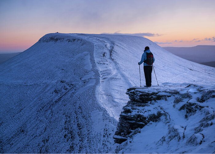 Adult Greeting Card featuring the photograph Female Hiker Looks Towards Pen Y Fan by Cody Duncan