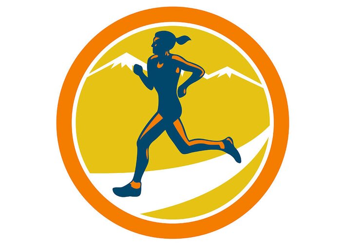 Marathon Greeting Card featuring the digital art Female Triathlete Runner Running Retro by Aloysius Patrimonio