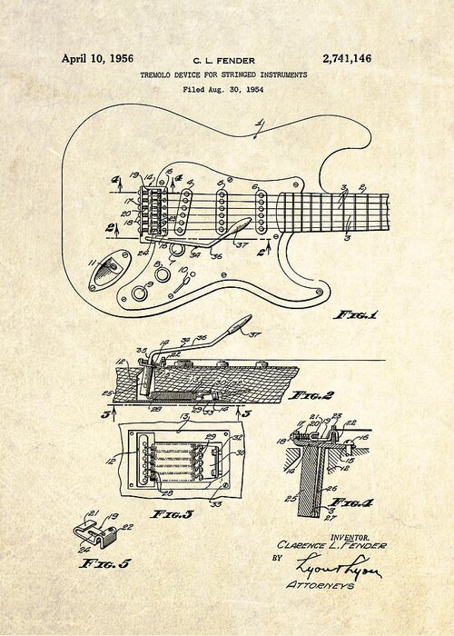 Fender Greeting Card featuring the digital art 1956 Fender Tremolo Patent Drawing I by Gary Bodnar