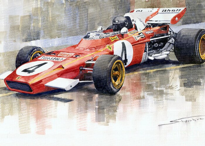 Watercolor Greeting Card featuring the painting 1971 Ferrari 312 B2 1971 Monaco GP F1 Jacky Ickx by Yuriy Shevchuk