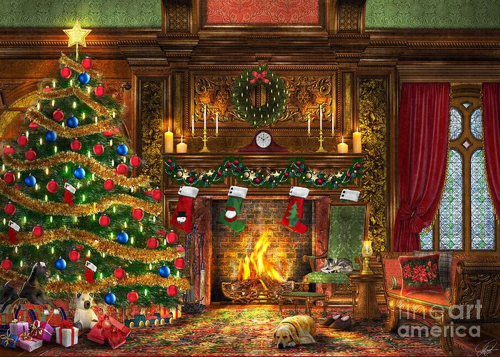 Dominic Davison Greeting Card featuring the digital art Festive Fireplace by MGL Meiklejohn Graphics Licensing