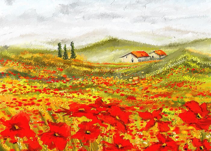 Poppies Greeting Card featuring the painting Field Of Dreams - Poppy Field Paintings by Lourry Legarde