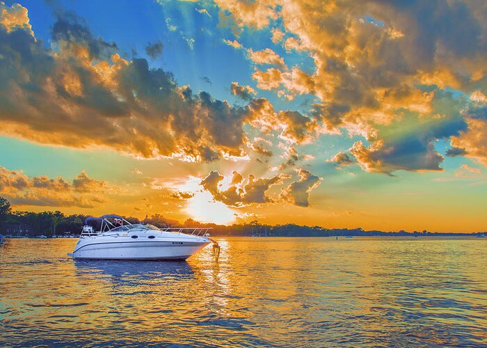 Sunset Greeting Card featuring the photograph Fiery Sunset On Lake Minnetonka by Bill and Linda Tiepelman