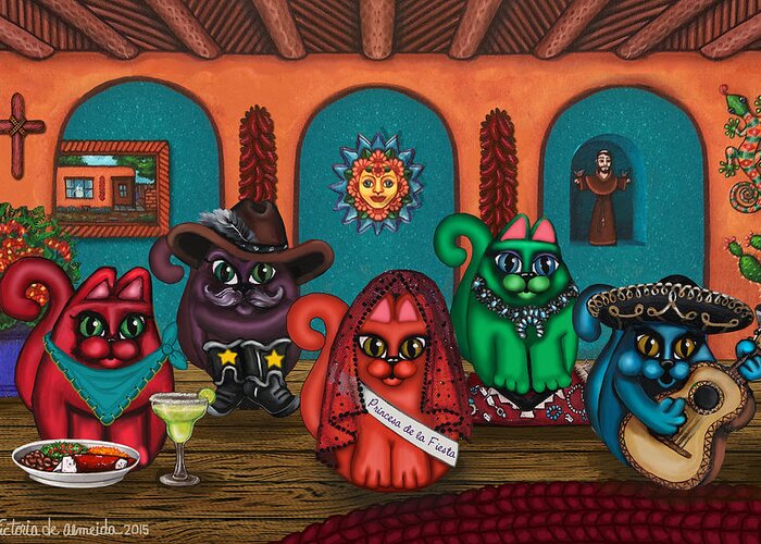 Folk Art Greeting Card featuring the painting Fiesta Cats II by Victoria De Almeida