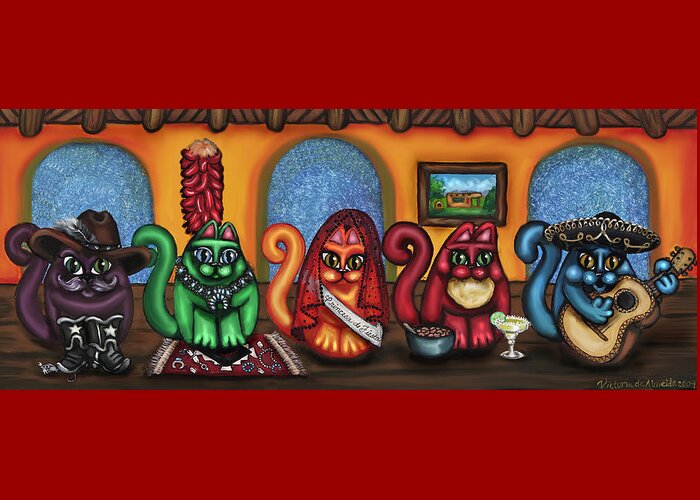 Folk Art Greeting Card featuring the painting Fiesta Cats or Gatos de Santa Fe by Victoria De Almeida
