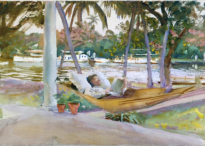 John Singer Sargent Greeting Card featuring the painting Figure in Hammock. Florida by John Singer Sargent