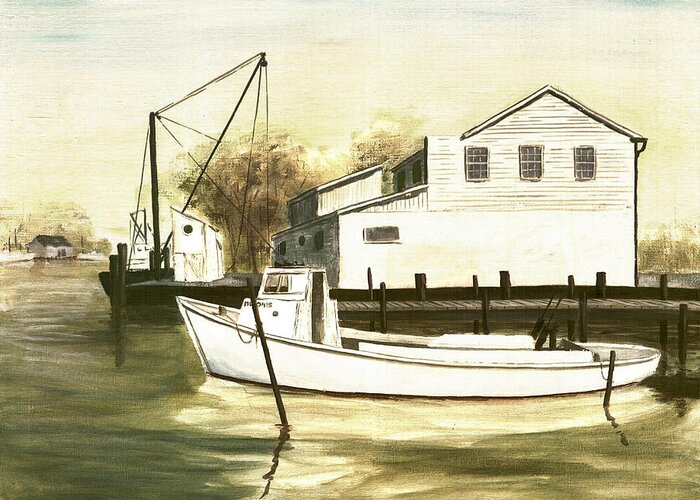 Boat Greeting Card featuring the painting Fine Art Traditional Oil Painting Solomons Island by G Linsenmayer