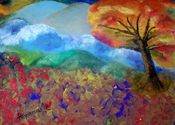 Mountains With Tree Greeting Card featuring the painting Fingerpainting by Annamarie Sidella-Felts