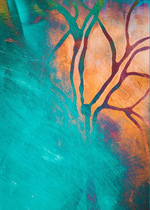 Tree Greeting Card featuring the mixed media Fire And Ice Abstract Tree Art Teal by Priya Ghose