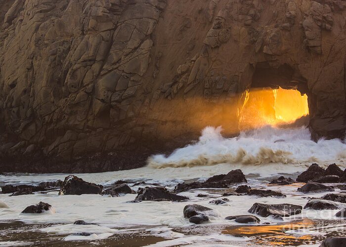 Pfeiffer Beach Greeting Card featuring the photograph Fire In The Hole by Suzanne Luft