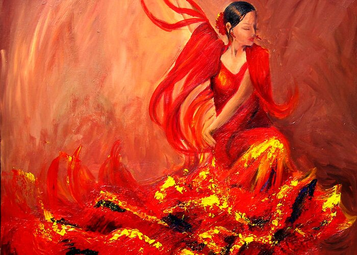 Flamenco Dancer Greeting Card featuring the painting Fire of Life Flamenco by Sheri Chakamian