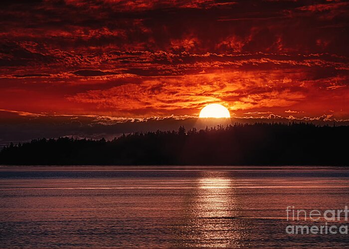 Whidbey Island; Fireball; Sunset; Maxwelton Beach; Ocean; Puget Sound; Landscape; Seascape; Sunset Gallery; Beach Greeting Card featuring the photograph Fireball by Whidbey Island Photography