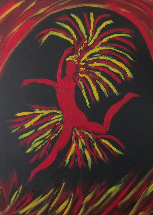 Abstract Symphony Music Ballet Fire Ethereal Bird Red Black Yellow Greeting Card featuring the painting Firebird by Sharyn Winters