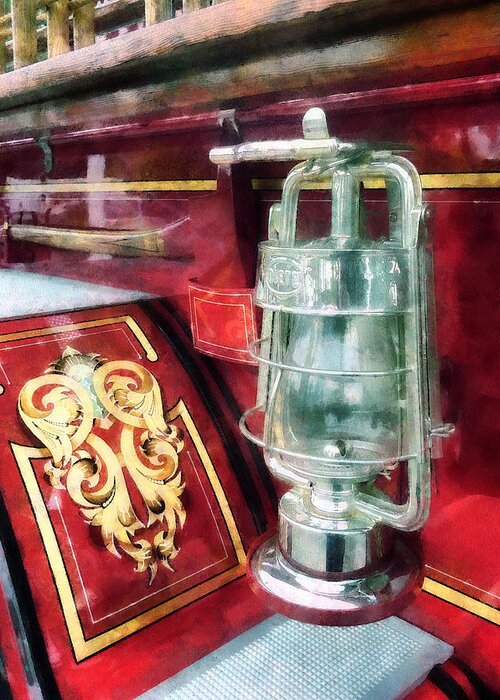Lantern Greeting Card featuring the photograph Fireman - Lantern on Old Fire Truck by Susan Savad