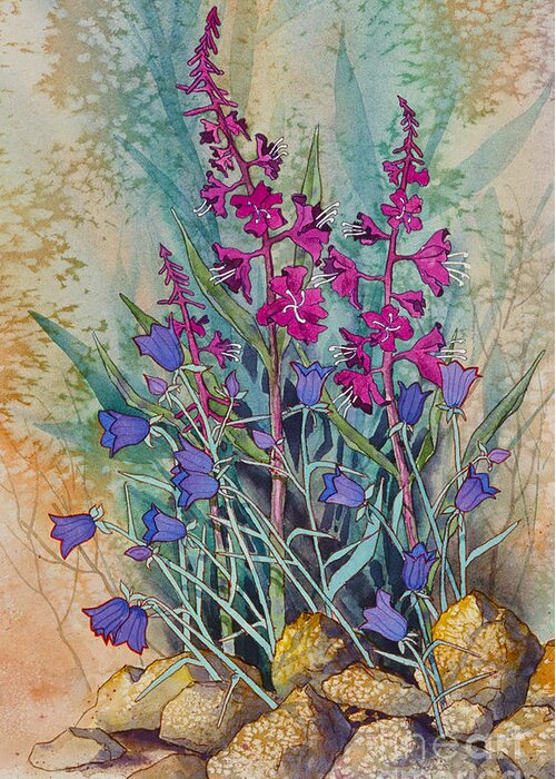 Fireweed And Bluebells Greeting Card featuring the painting Fireweed and Bluebells by Teresa Ascone