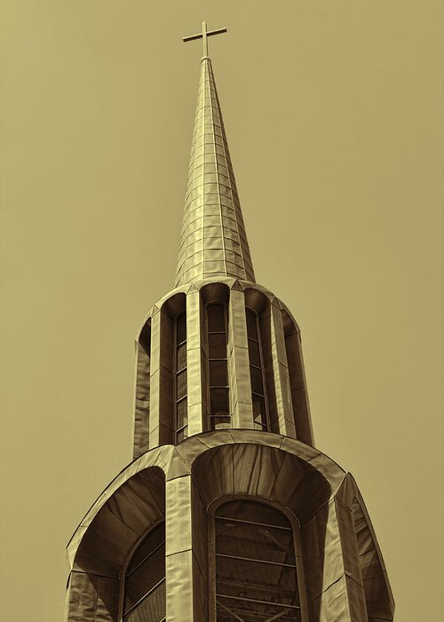 First Baptist Church Greeting Card featuring the photograph First Baptist Church Steeple Huntsville Alabama in Sepia by Kathy Clark