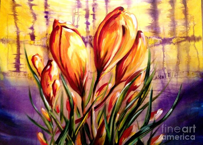 Spring Greeting Card featuring the painting First Blooms Of Spring by Karen Ferrand Carroll
