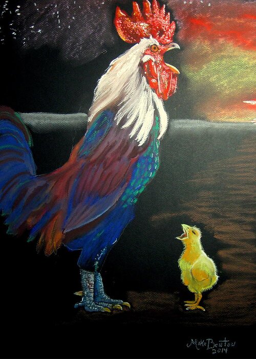 Rooster Greeting Card featuring the pastel First Lesson by Mike Benton