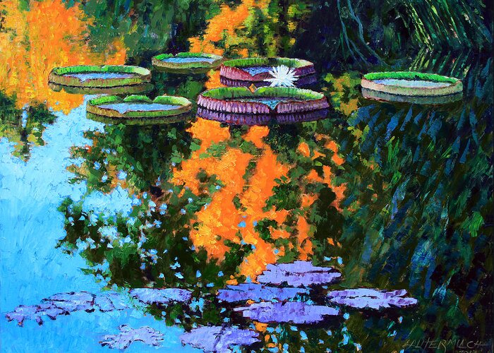 Garden Pond Greeting Card featuring the painting First Signs of Fall by John Lautermilch