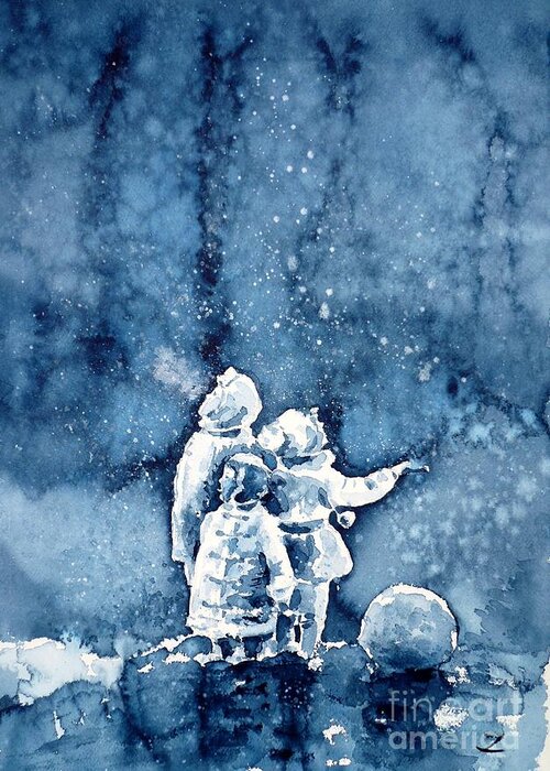 Christmas Greeting Card featuring the painting First Snow by Zaira Dzhaubaeva