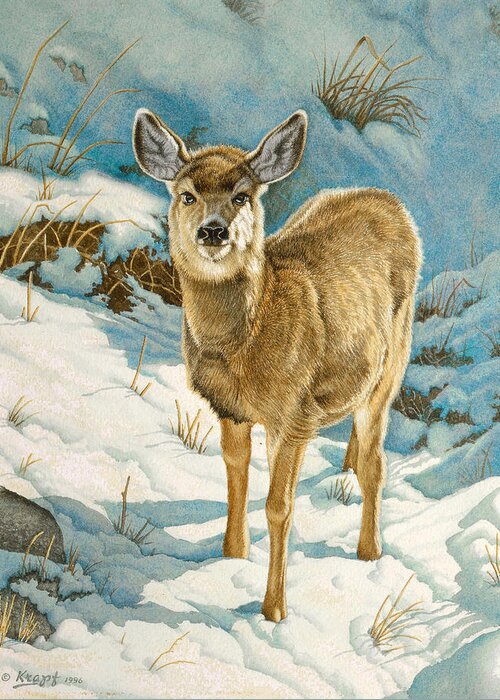 Wildlife Greeting Card featuring the painting First Winter - Fawn by Paul Krapf
