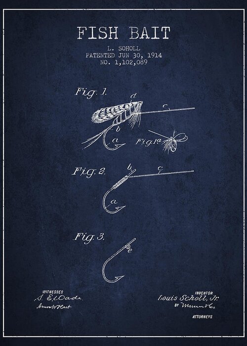 Fish Hook Greeting Card featuring the digital art Fish Bait Patent from 1914 - Navy Blue by Aged Pixel