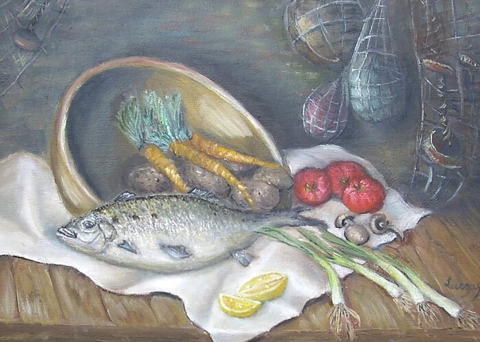 Still Life Painting Greeting Card featuring the painting Fish for dinner by Katalin Luczay