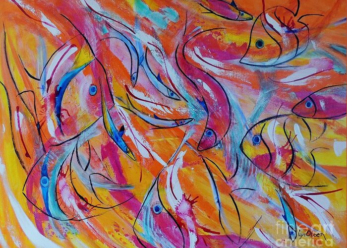 Reef Greeting Card featuring the painting Fish Frenzy by Lyn Olsen