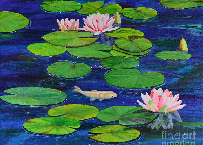 Fish Greeting Card featuring the painting Tranquil Pond by Mary Scott