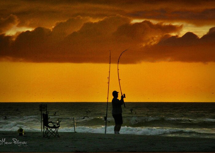 Fishing Greeting Card featuring the photograph Fish On at Dawn by Phil Mancuso