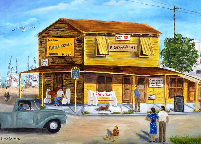 Landscape Greeting Card featuring the painting Fisherman's Cafe by Linda Cabrera
