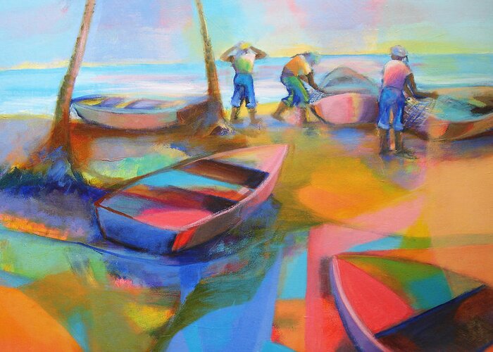 Abstract Greeting Card featuring the painting Fishermen by Cynthia McLean