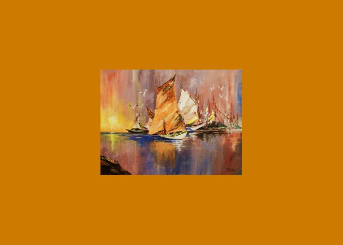 Boats; Sunrise Greeting Card featuring the painting Fishing Boats at Sunup by Al Brown
