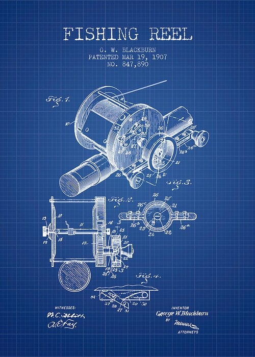 Fishing Reel Patent from 1907 - Blueprint Greeting Card by Aged Pixel