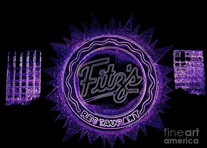  Greeting Card featuring the photograph Fitz's in Purple Neon by Kelly Awad