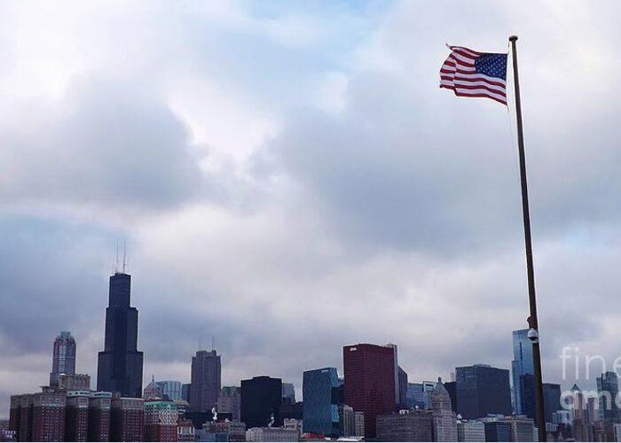 Chicago Greeting Card featuring the photograph Flag over City by Brigitte Emme