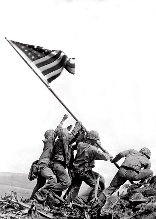 1945 Greeting Card featuring the photograph Flag Raising At Iwo Jima by Underwood Archives