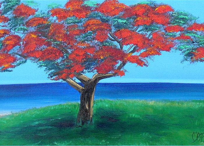 Flamboyant Tree Greeting Card featuring the painting Flamboyan Overlooking Ocean by Melissa Torres