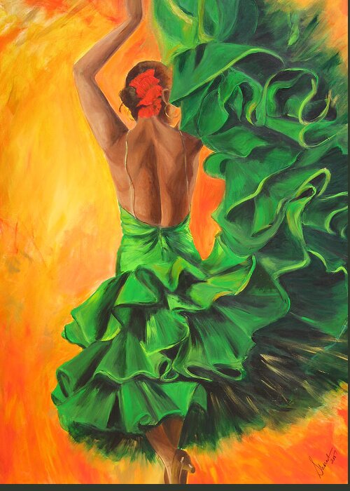 Flamenco Greeting Card featuring the painting Flamenco dancer in green dress by Sheri Chakamian