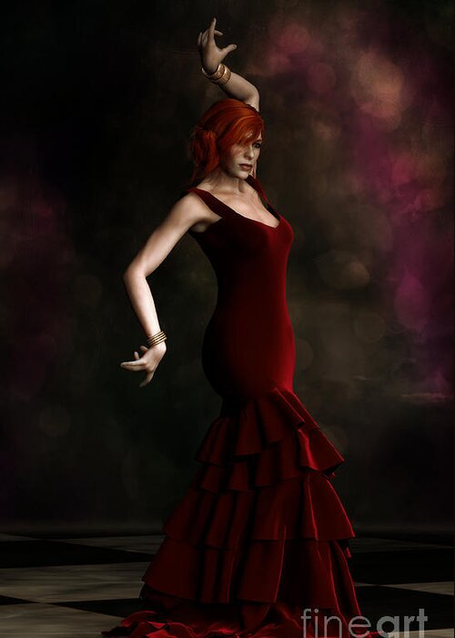 Dance Greeting Card featuring the digital art Flamenco Dancer Red by Shanina Conway