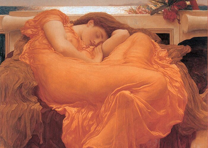 Flaming June Greeting Card featuring the painting Flaming June by Frederick Leighton