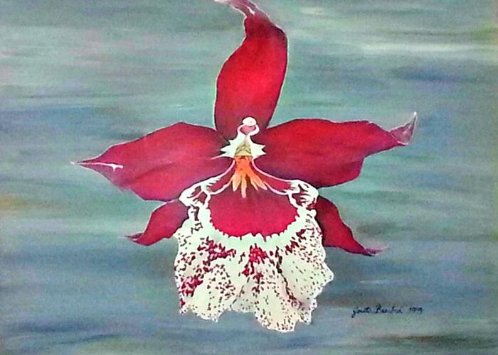 Red Greeting Card featuring the painting Flaming Orchid by Joetta Beauford