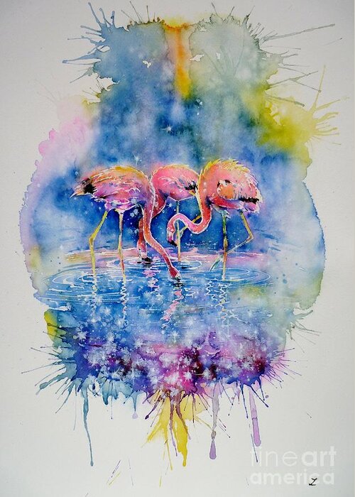 Flamingo Greeting Card featuring the painting Flamingo Glare by Zaira Dzhaubaeva