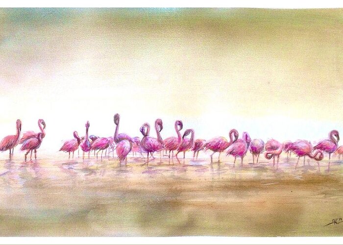Birds Greeting Card featuring the painting Flamingoes land by Katerina Kovatcheva
