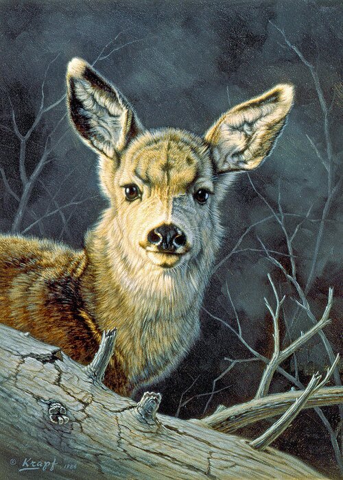 Wildlife Greeting Card featuring the painting Fleeting Visit- Fawn by Paul Krapf