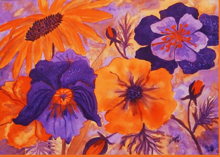 Poppy Greeting Card featuring the painting Floral Images in Orange and Purple by Ellen Levinson