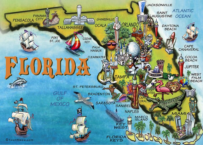 Florida Greeting Card featuring the digital art Florida Cartoon Map by Kevin Middleton